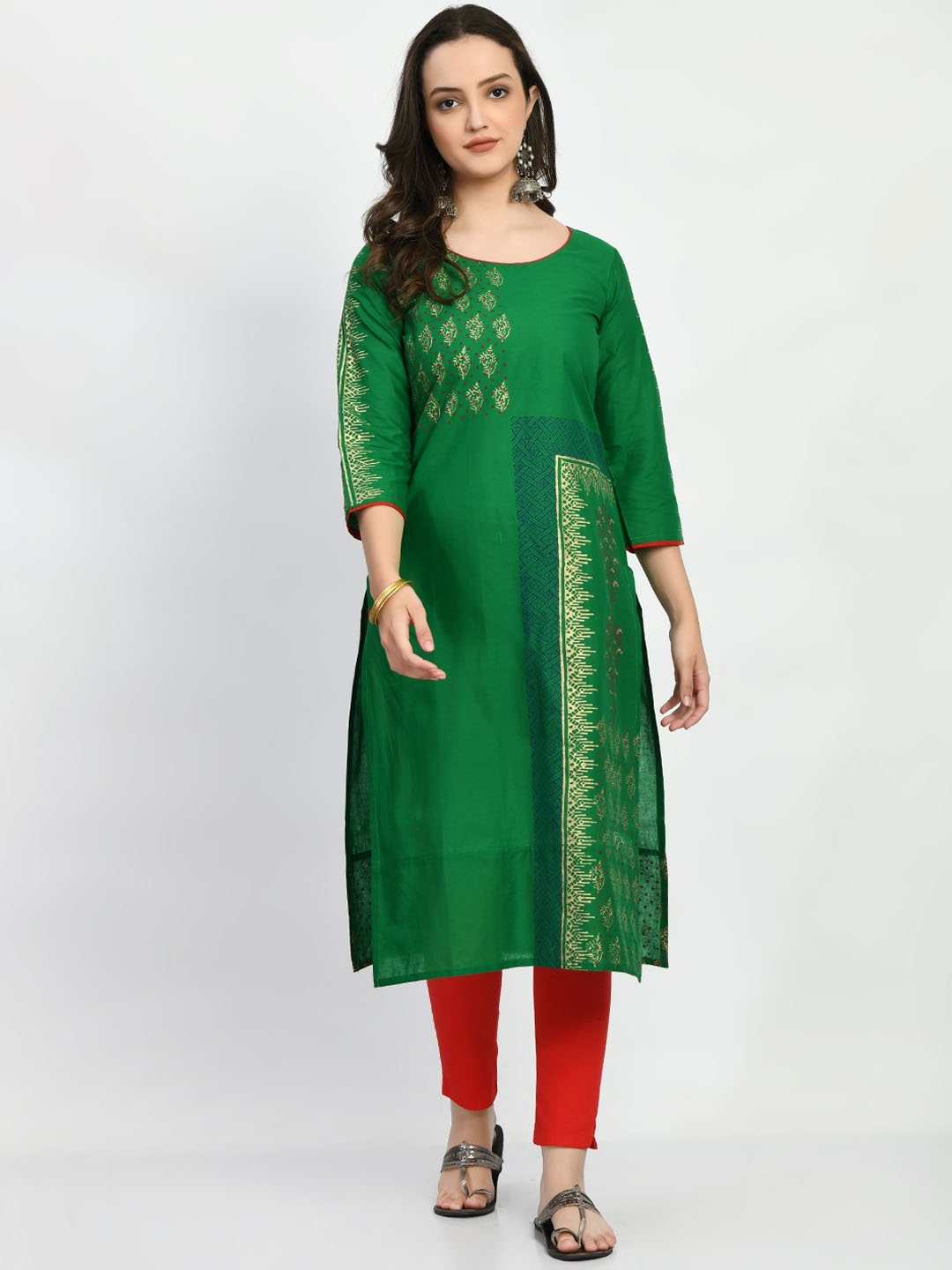 

KALINI Round Neck Ethnic Motifs Printed Straight Cotton Kurta, Green