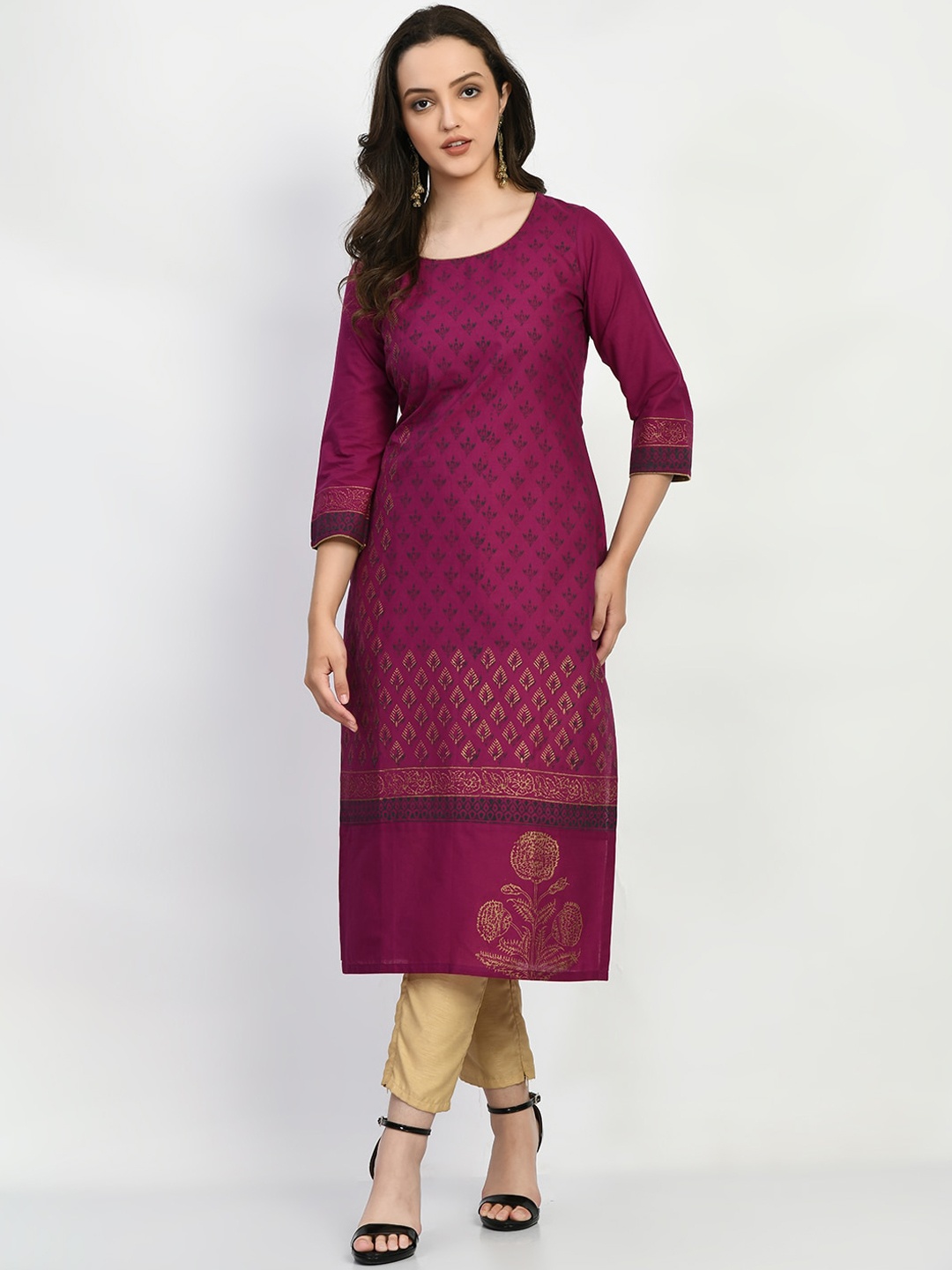 

KALINI Ethnic Motifs Printed Pure Cotton Kurta, Purple