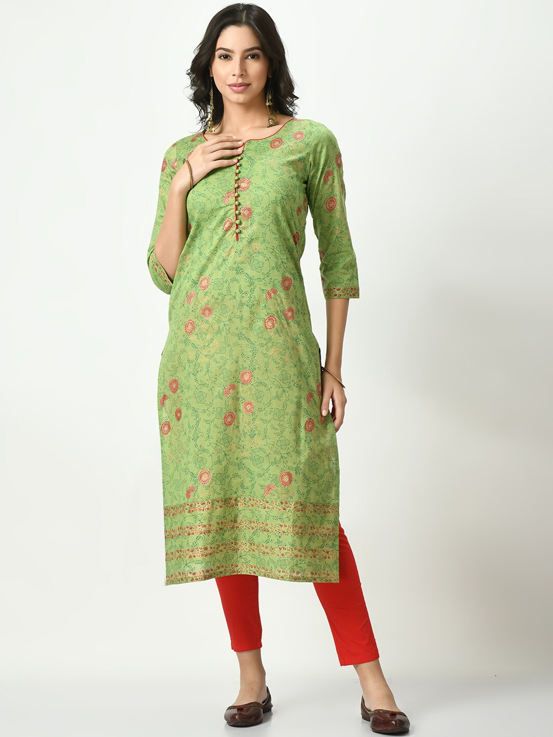 

KALINI Notched Neck Floral Printed Straight Cotton Kurta, Green