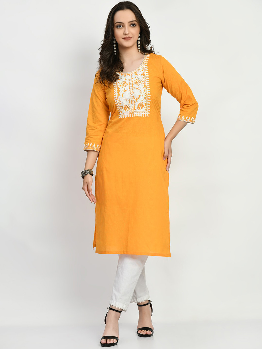 

KALINI Round Neck Yoke Design Cotton Straight Kurta, Mustard