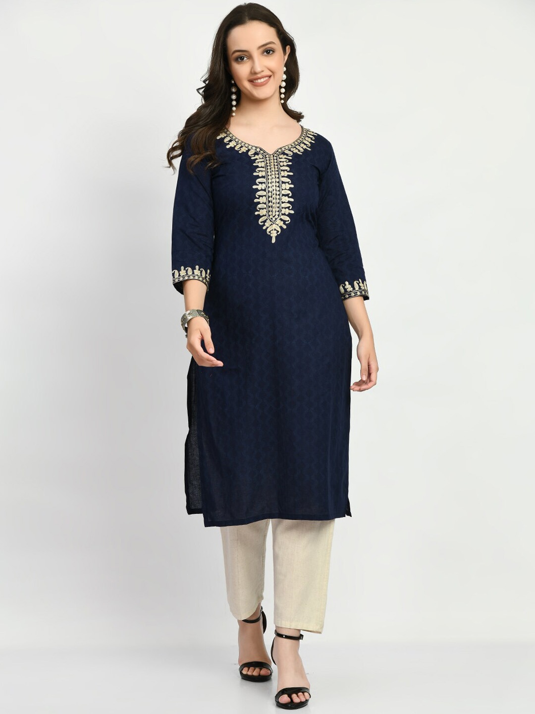 

KALINI Notched Neck Ethnic Motifs Yoke Design Straight Cotton Kurta, Blue