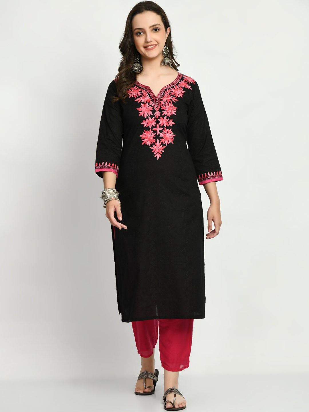 

KALINI Notched Neck Floral Yoke Design Floral Embroidered Straight Cotton Kurta, Black