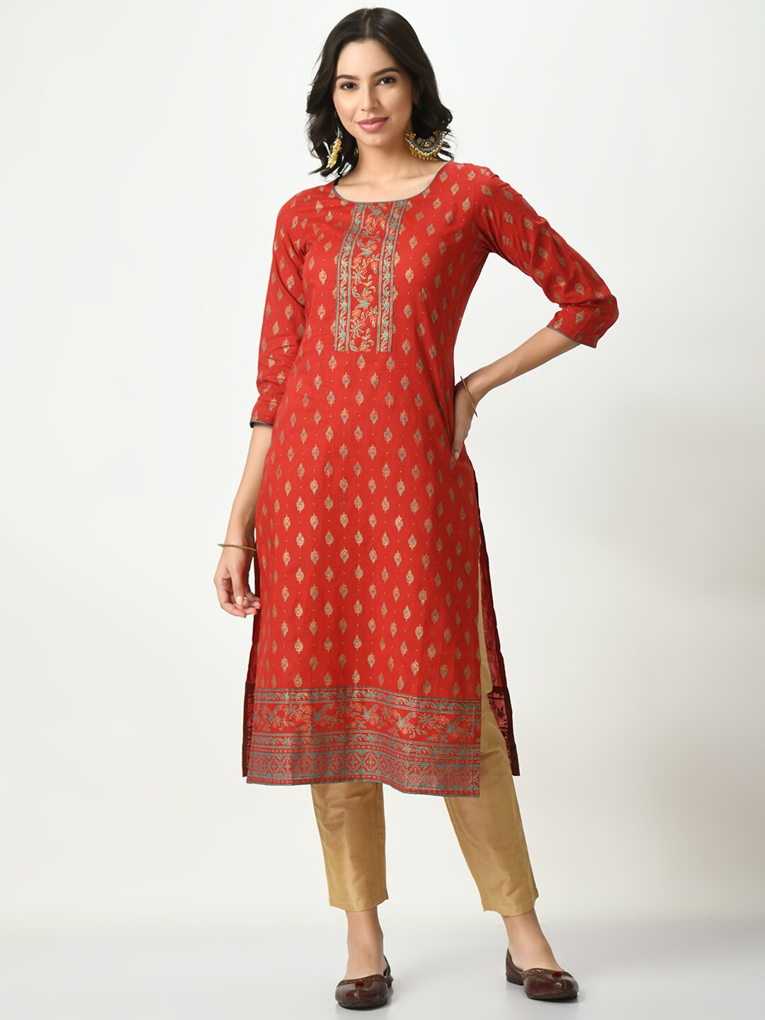 

KALINI Round Neck Ethnic Motifs Printed Kurta, Red