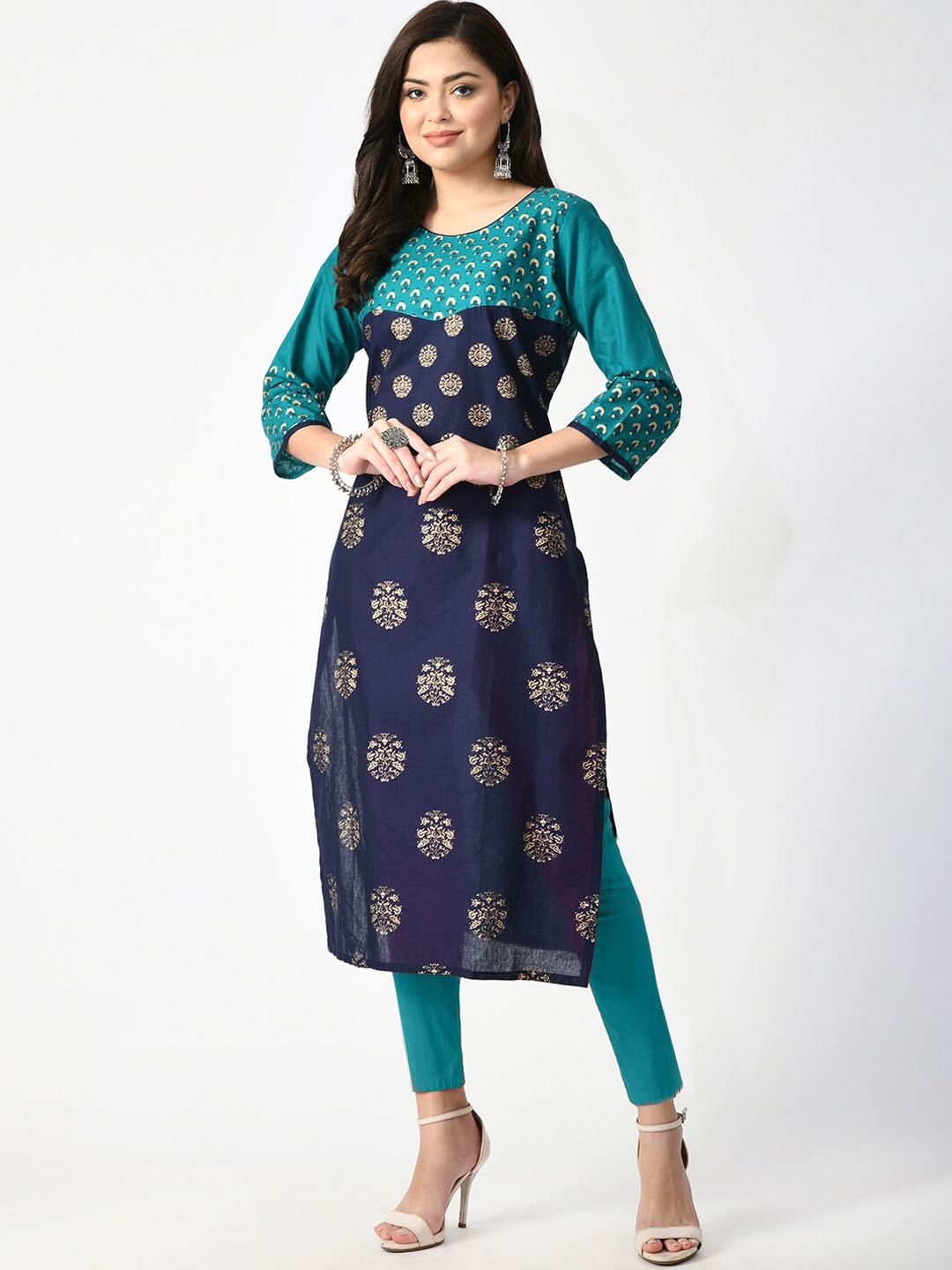 

KALINI Ethnic Motifs Printed Round Neck Cotton Straight Kurta, Navy blue