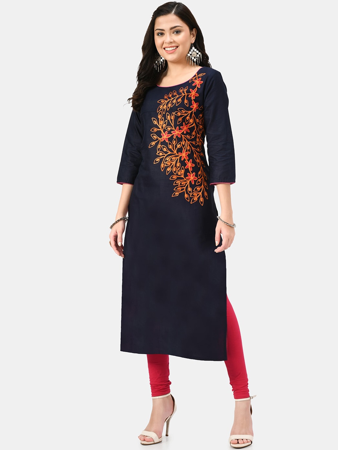 KALINI Round Neck Floral Embroidered Straight Cotton Kurta, Blue