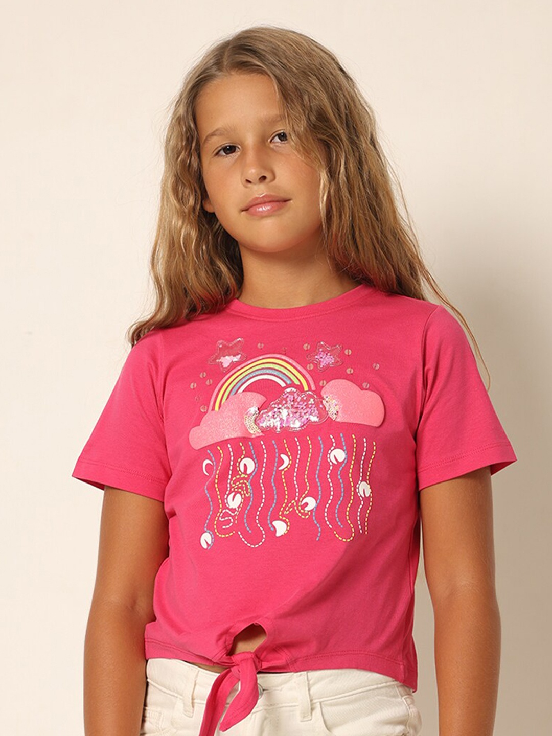 

Vero Moda Girls Self Design Embellished Cotton T-shirt, Pink