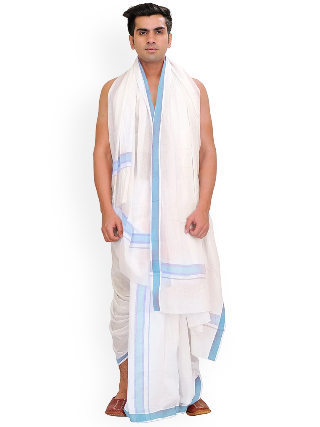 

Exotic India Pure Cotton Woven Border Dhotis With Angavastram, White