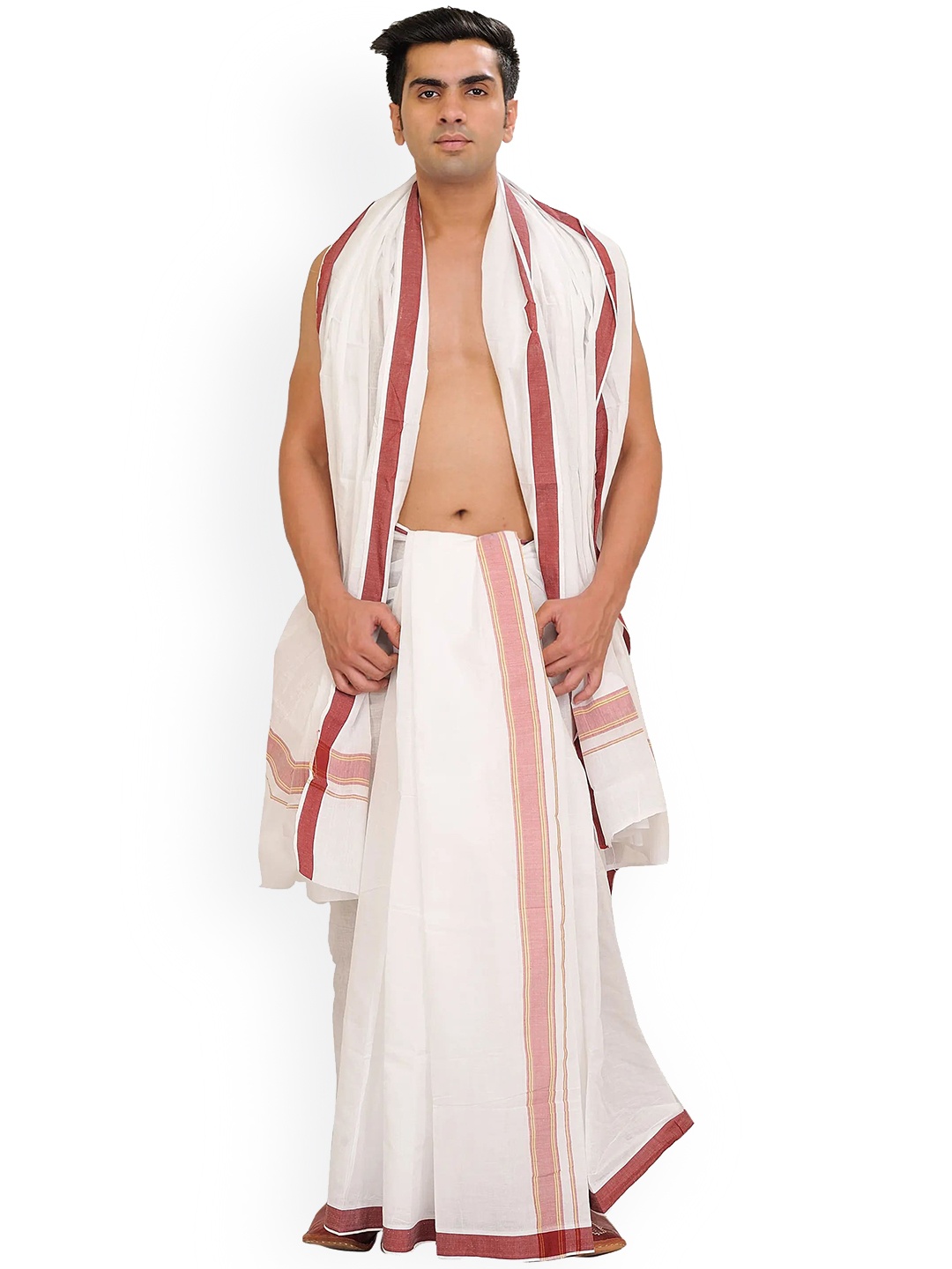 

Exotic India Apple Butter Pure Cotton Dhoti and Angavastram Set with Woven Border, White