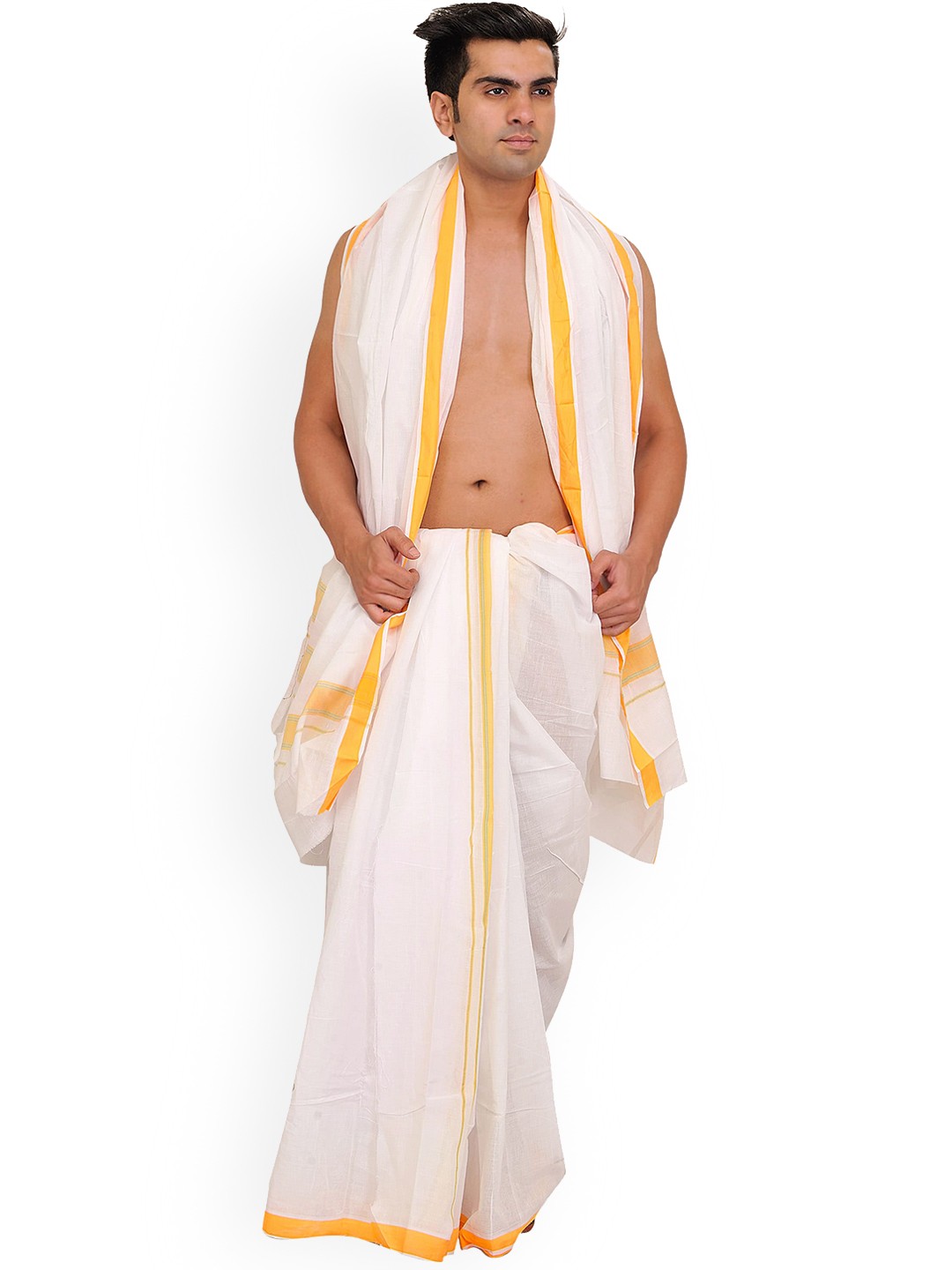 

Exotic India Men Woven Designed Bordered Cotton Dhoti With Angavastram Set, White