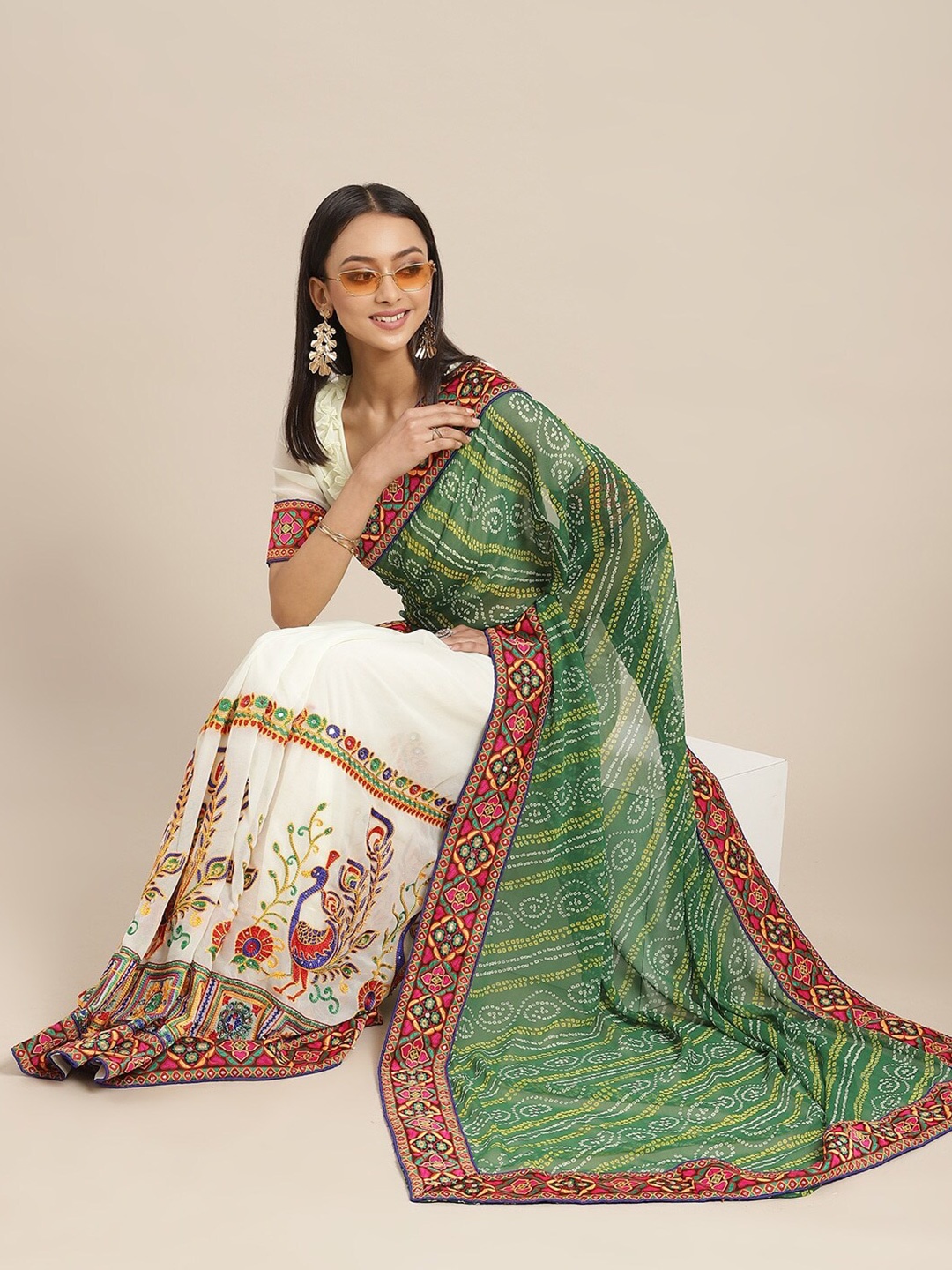 

ALAGINI Bandhani Embroidered Pure Georgette Half and Half Bandhani Saree, Green
