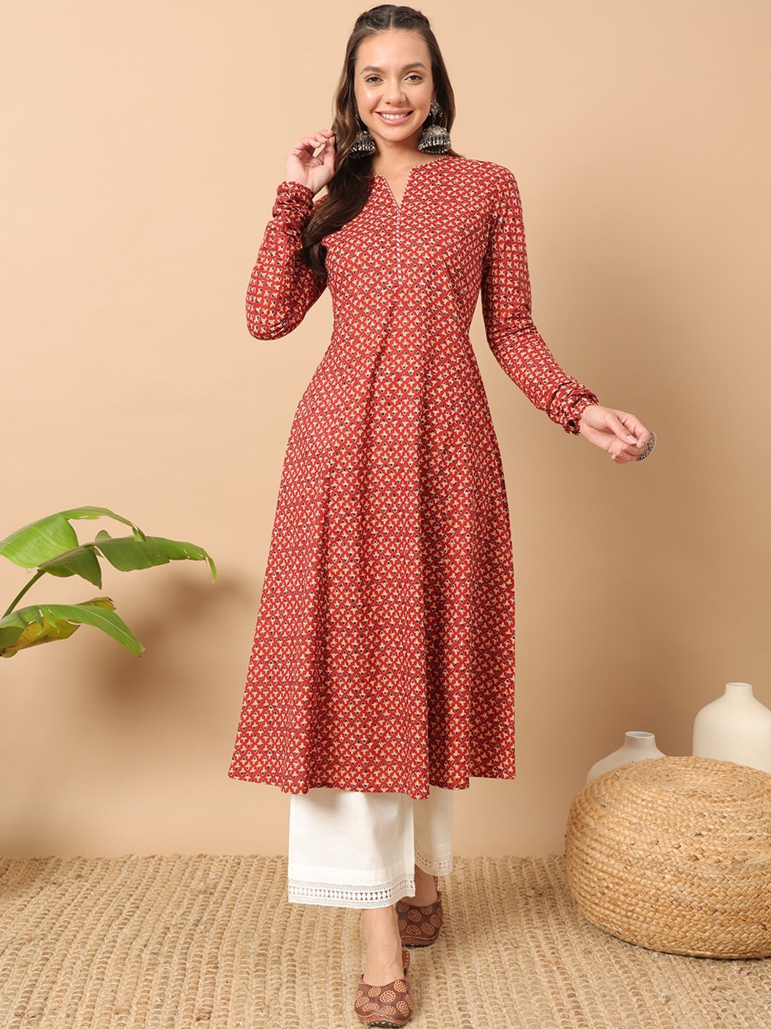 

FIORRA Floral Printed Notch Collar Thread Work Cotton A-Line Kurta, Red
