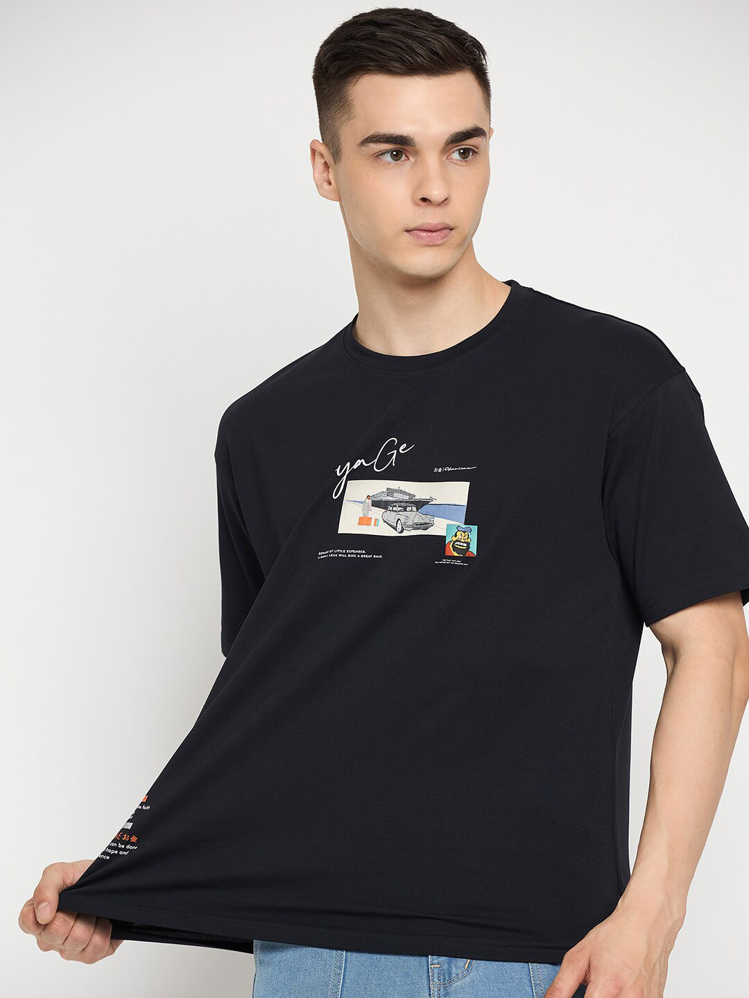 

Okane Typography Printed Cotton T-shirt, Navy blue