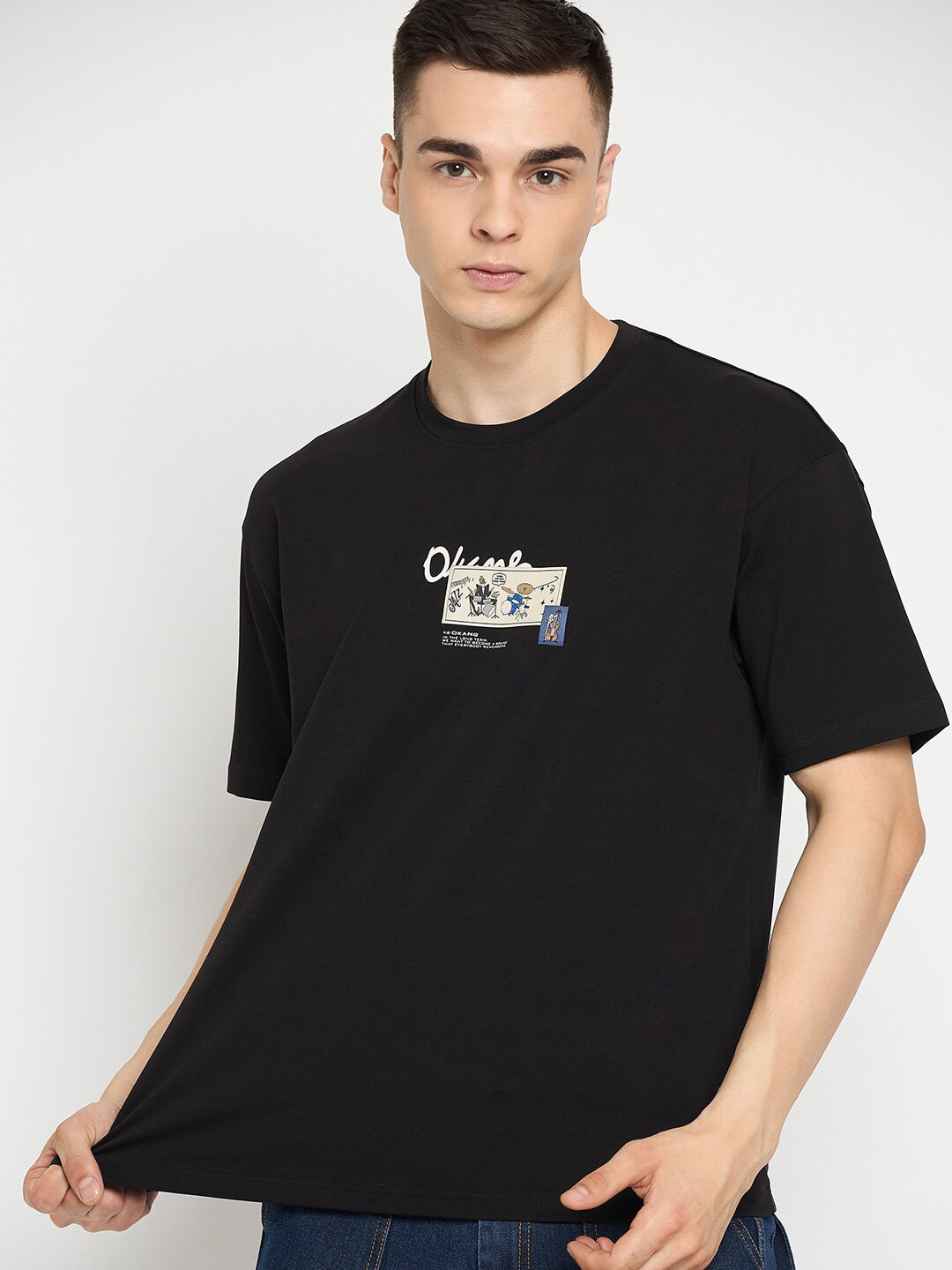 

Okane Graphic Printed Cotton T-shirt, Black