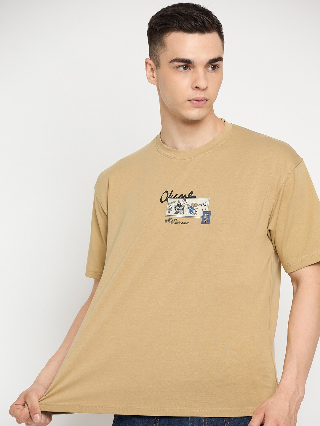 Okane Typography Printed Cotton T-shirt, Beige