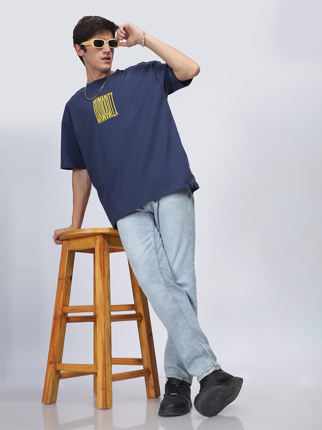 

SILISOUL Round Neck Printed Pure Cotton T-shirt, Navy blue