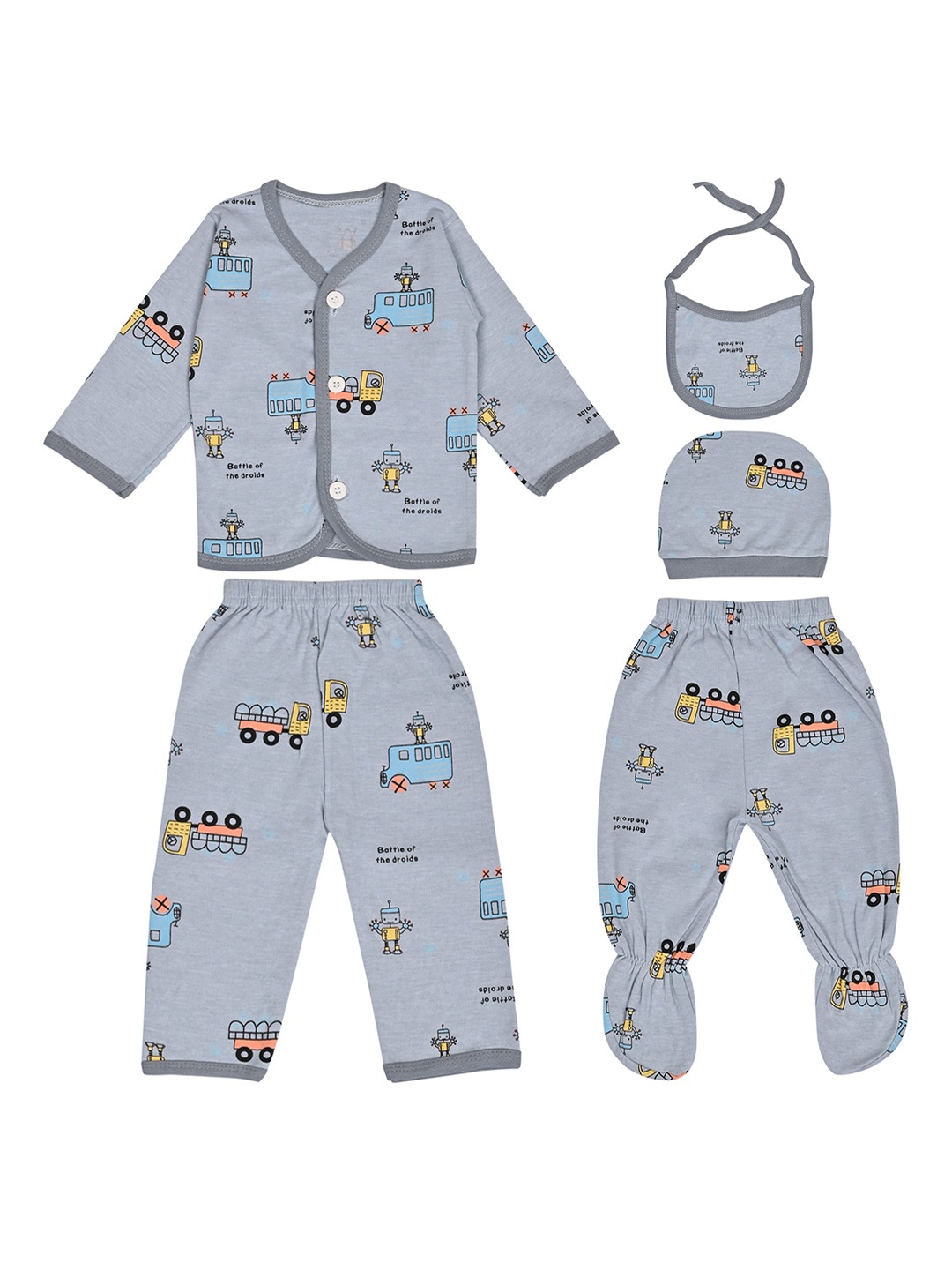

LOOM LEGACY Infants 5 Pieces Printed Pure Cotton Baby Apparel Gift Set, Grey