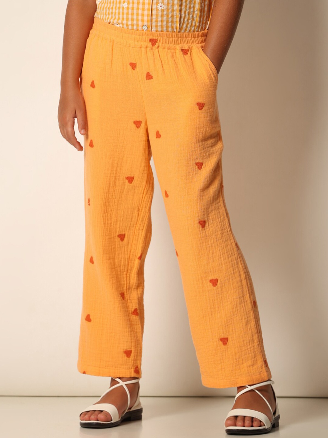 

Vero Moda Girls Embroidered Straight Fit Mid-Rise Cotton Trousers, Orange