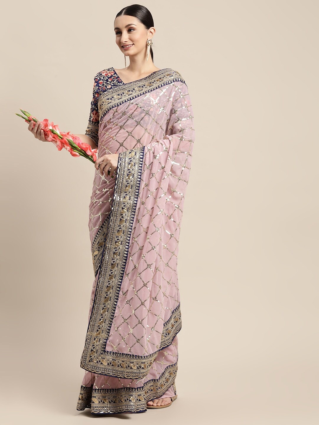 

ALAGINI Embellished Embroidered Sequence Pure Georgette Chanderi Saree, Pink