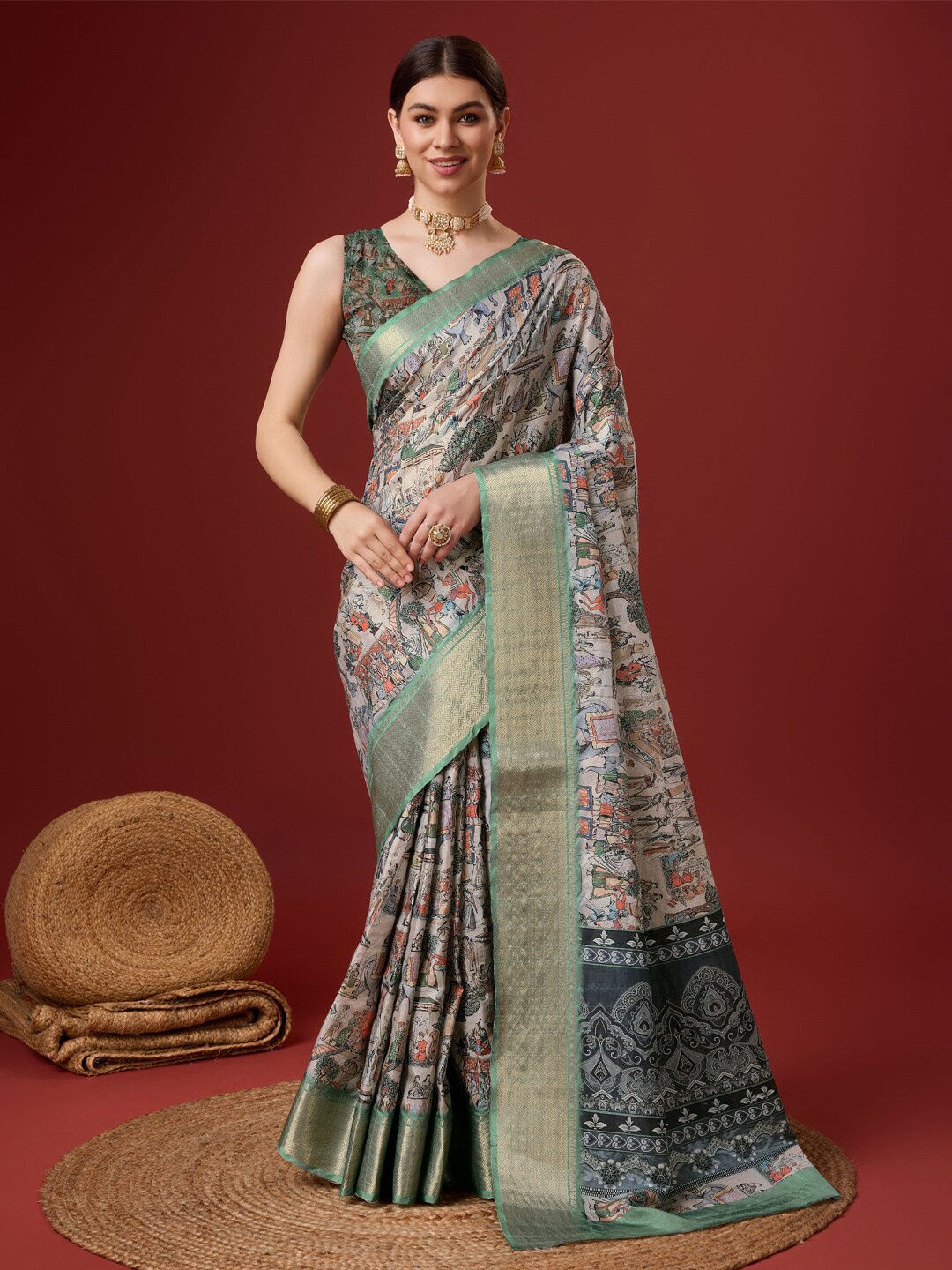 

SANGAM PRINTS Ethnic Motifs Printed Cotton Zari Saree, Grey