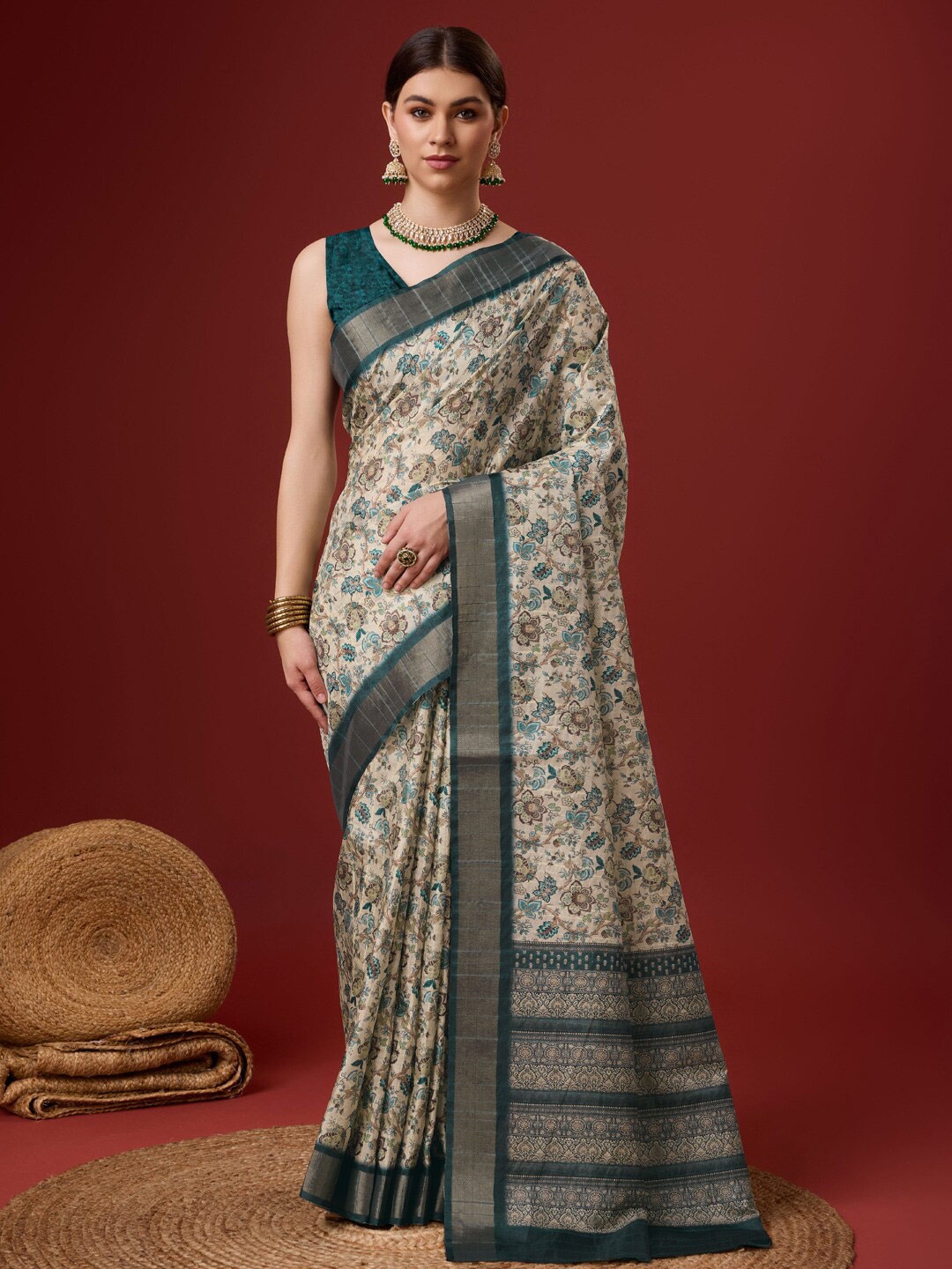 

SANGAM PRINTS Floral Printed Zari Saree, White