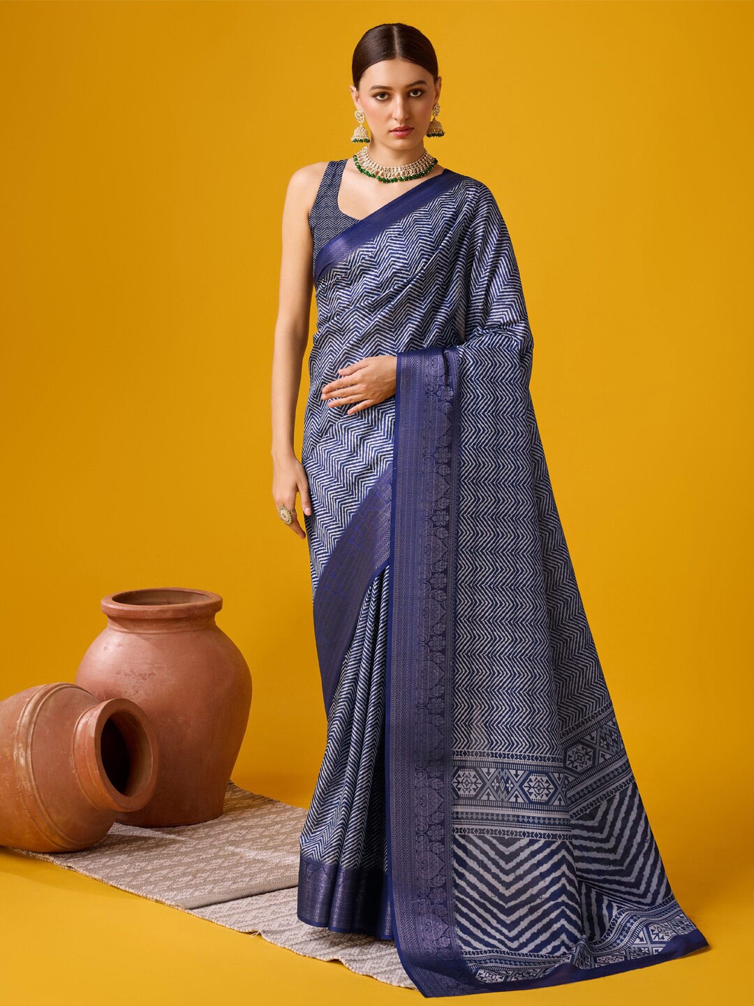 

SANGAM PRINTS Geometric Printed Cotton Zari Saree, Blue
