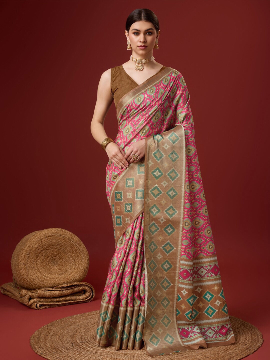 

SANGAM PRINTS Ethnic Motifs Printed Zari Saree, Pink