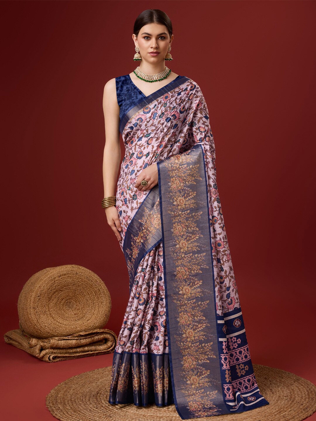 

SANGAM PRINTS Floral Printed Zari Saree, Pink