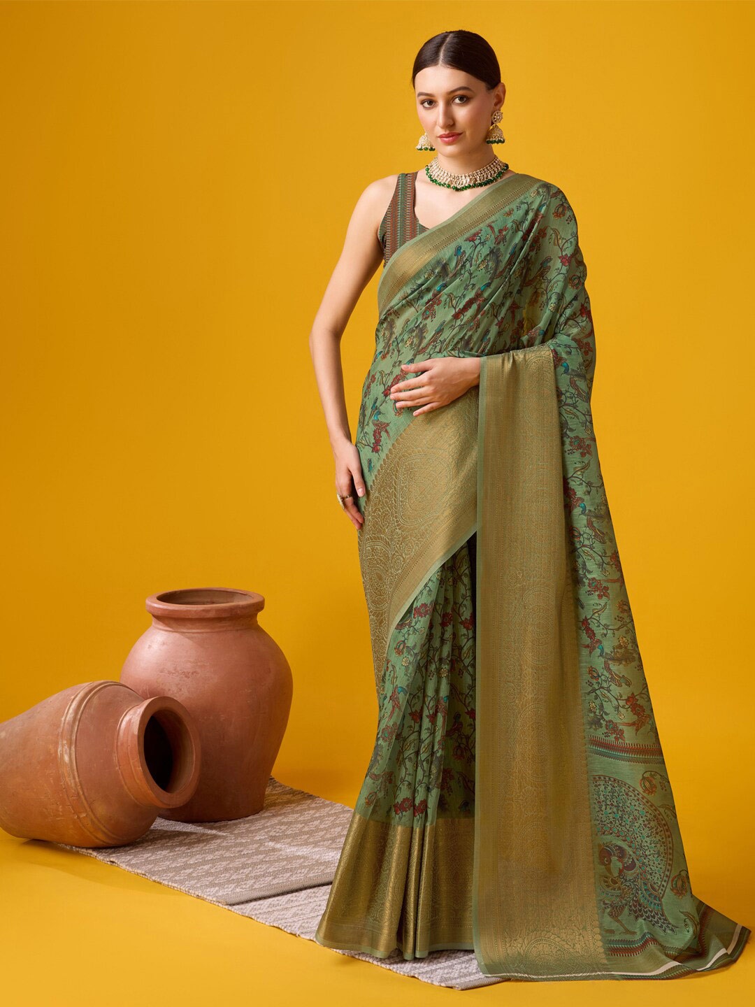 

SANGAM PRINTS Floral Printed Cotton Zari Saree, Green