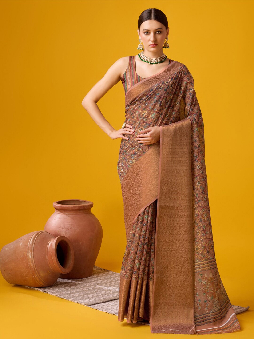 

SANGAM PRINTS Ethnic Motifs Printed Cotton Zari Saree, Brown