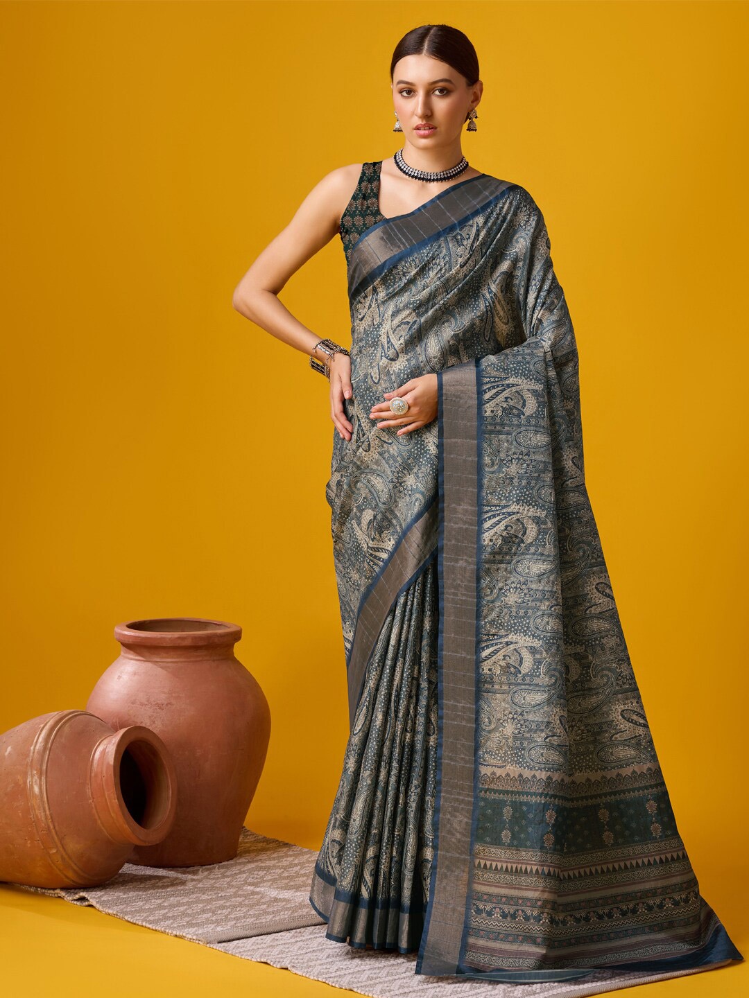 

SANGAM PRINTS Paisley Printed Cotton Zari Saree, Blue