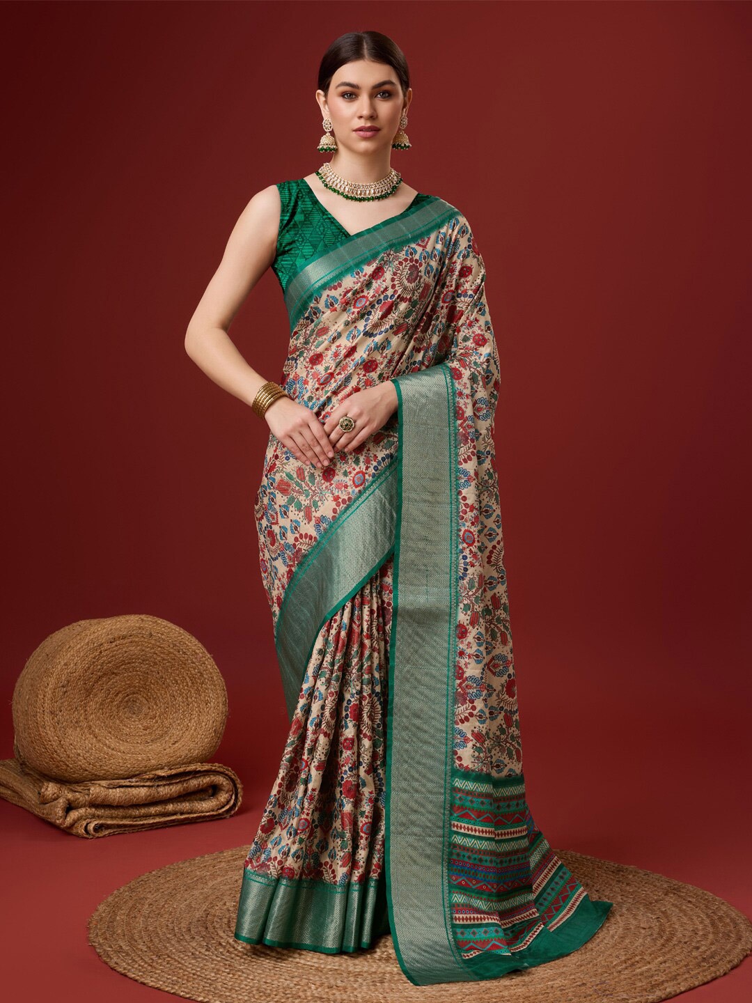 

SANGAM PRINTS Ethnic Motifs Zari Saree, Cream