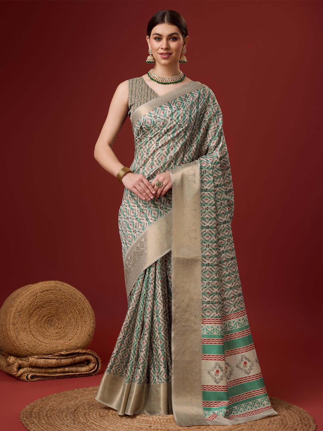 

SANGAM PRINTS Abstract Printed Cotton Zari Saree, White