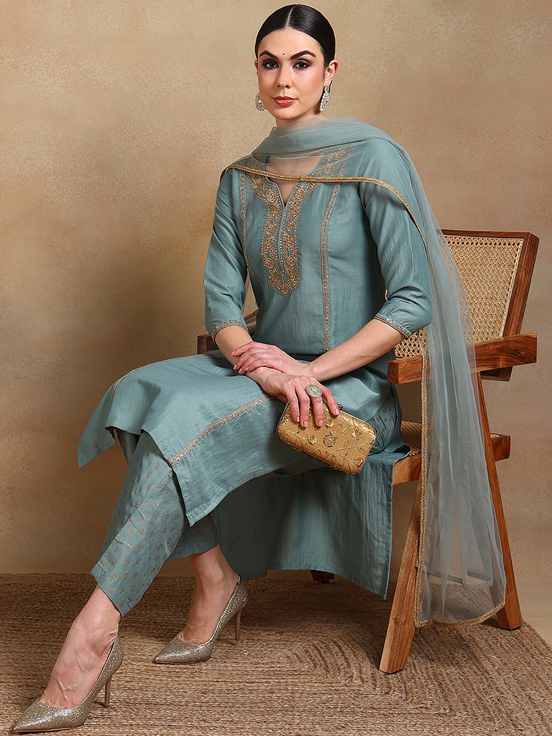 

AHIKA Teal Ethnic Motifs Embroidered Regular Kurta With Palazzos & Dupatta