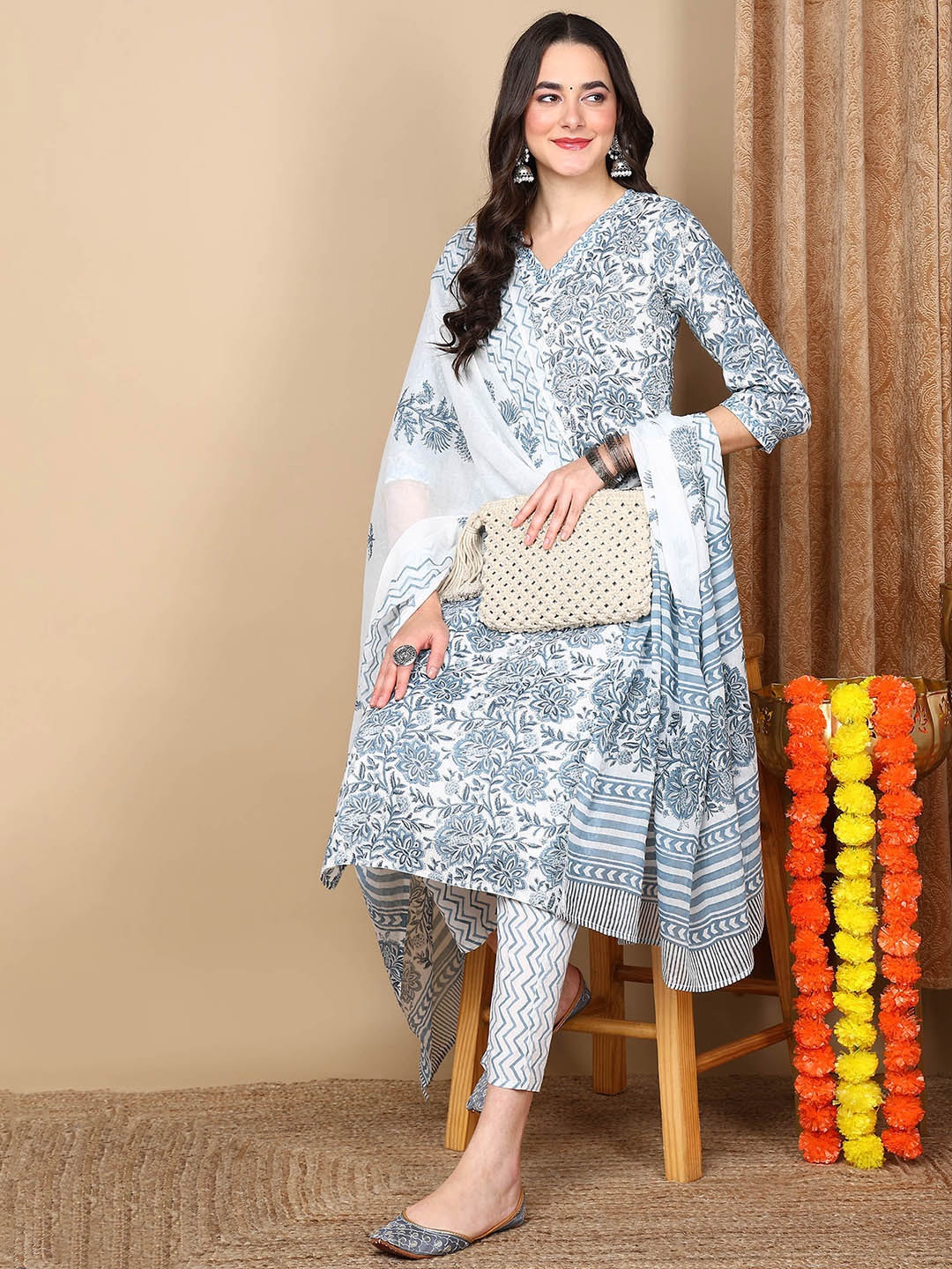 

KALINI Floral Printed V-Neck Empire A-Line Kurta with Trousers & Dupatta, White