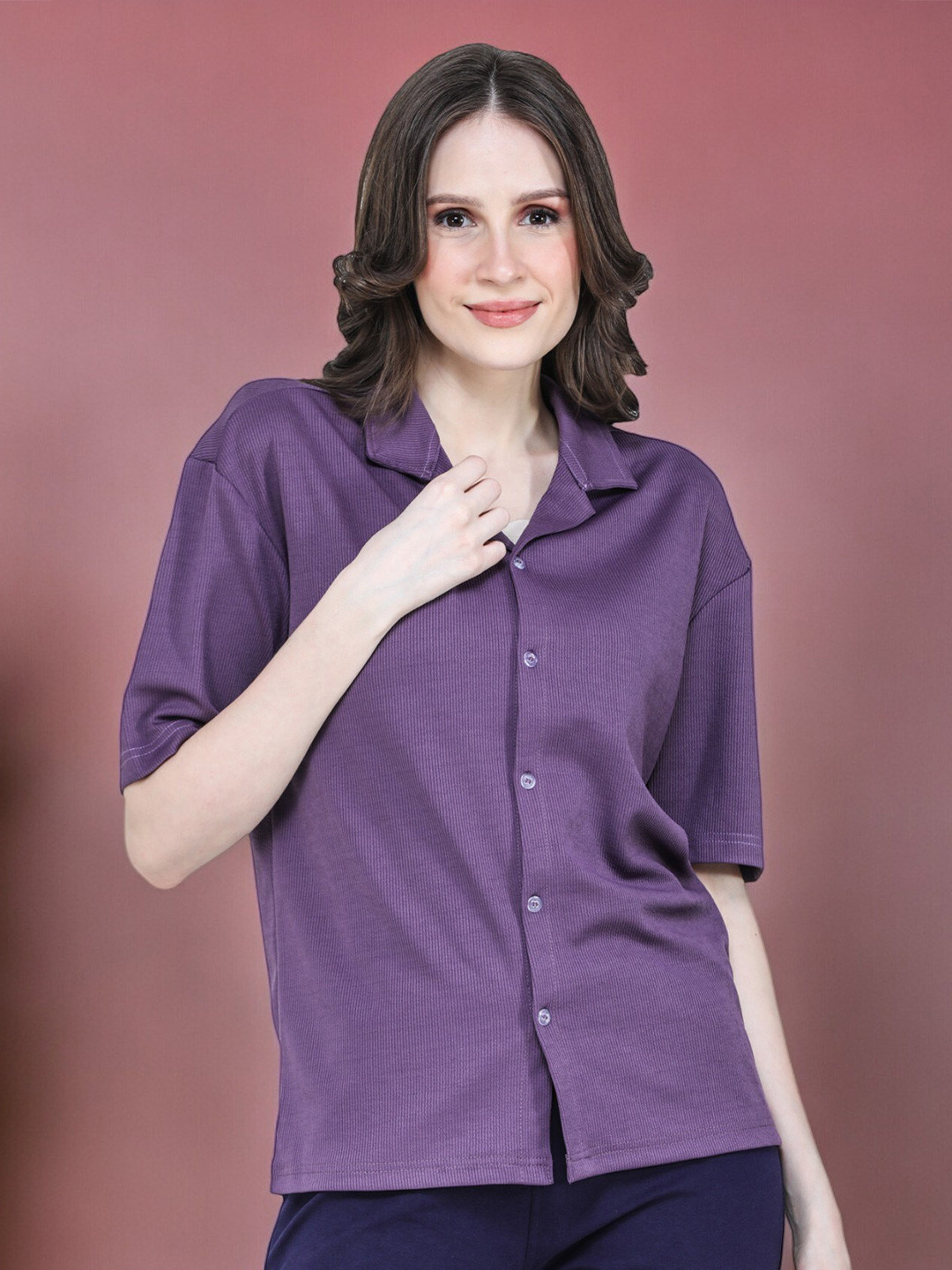 

CLAFOUTIS Textured Club Collar Short Drop-Shoulder Sleeves Shirt, Purple