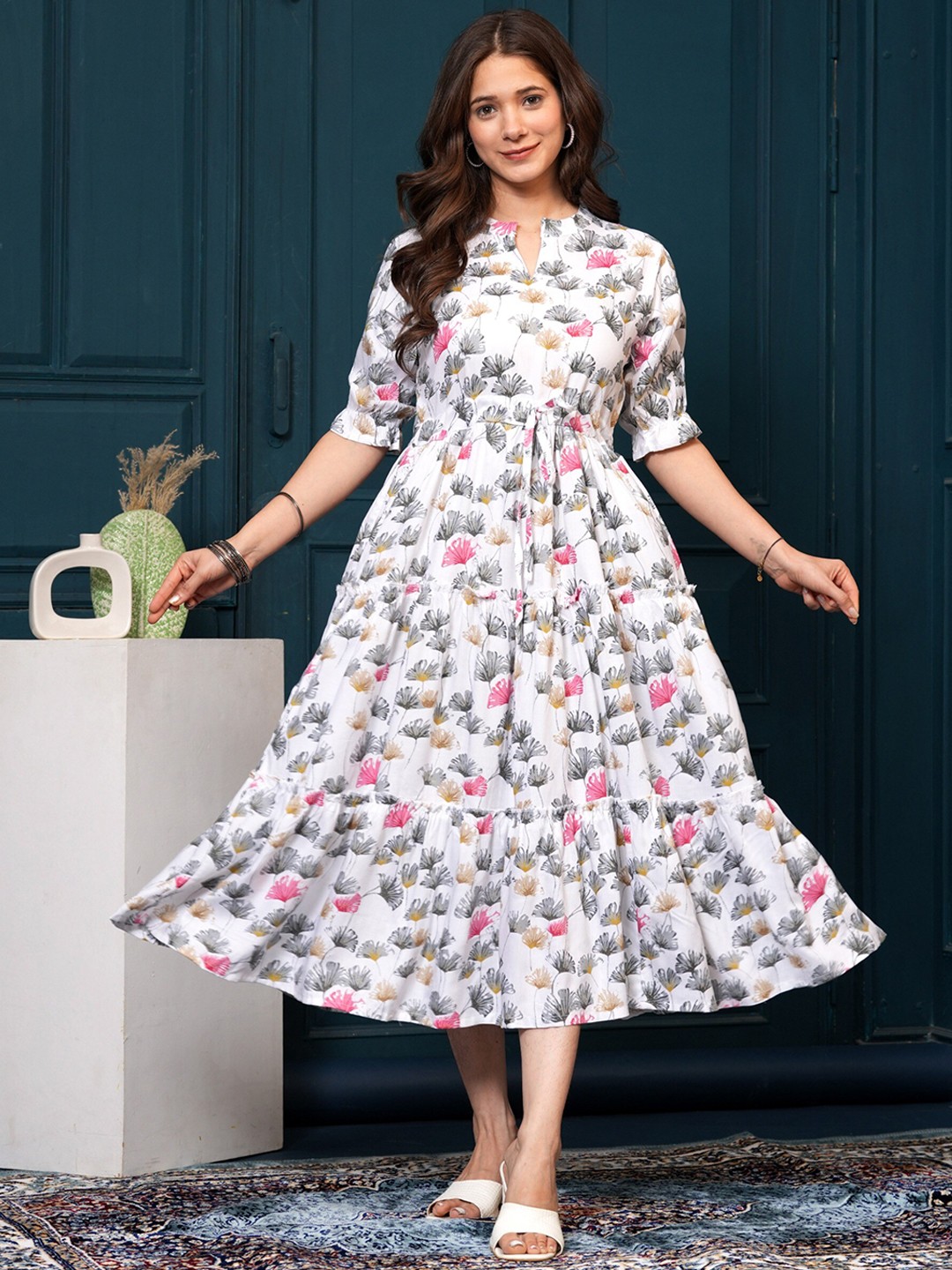 

UNIBLISS Floral Printed Mandarin Collar Gathered Tiered Fit & Flare Midi Dress, Grey