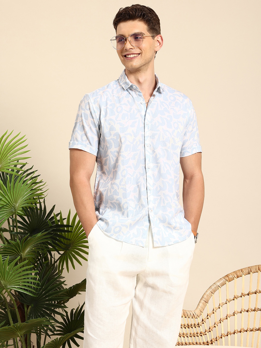 

Mast & Harbour Men Slim Fit Seersucker Printed Casual Shirt, Blue