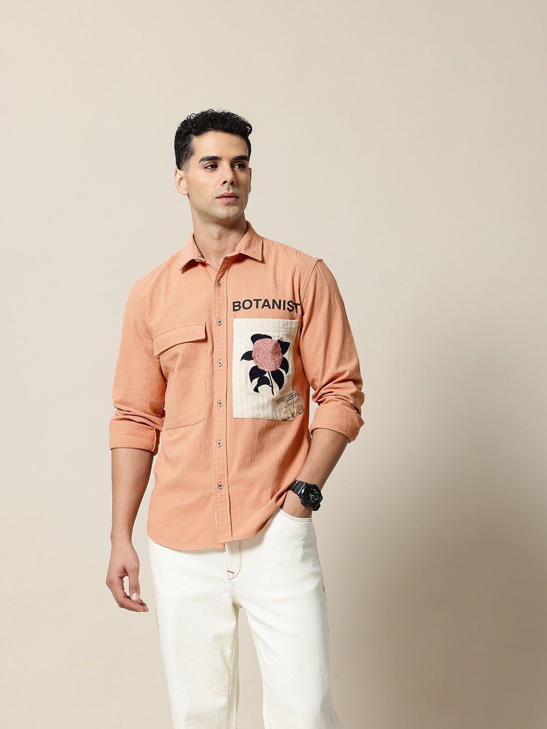 

Mr Bowerbird Men Premium Crush Cotton Botanist Embroidered Shirt, Peach