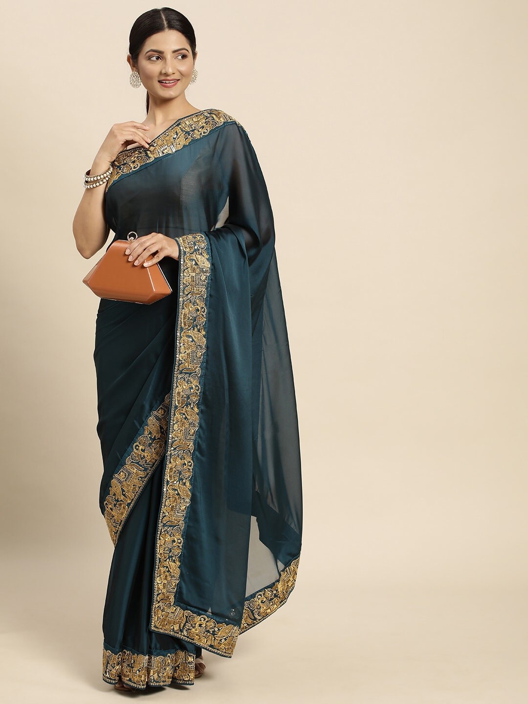 

ALAGINI Ethnic Motifs Embroidered Pure Georgette Chanderi Saree, Teal