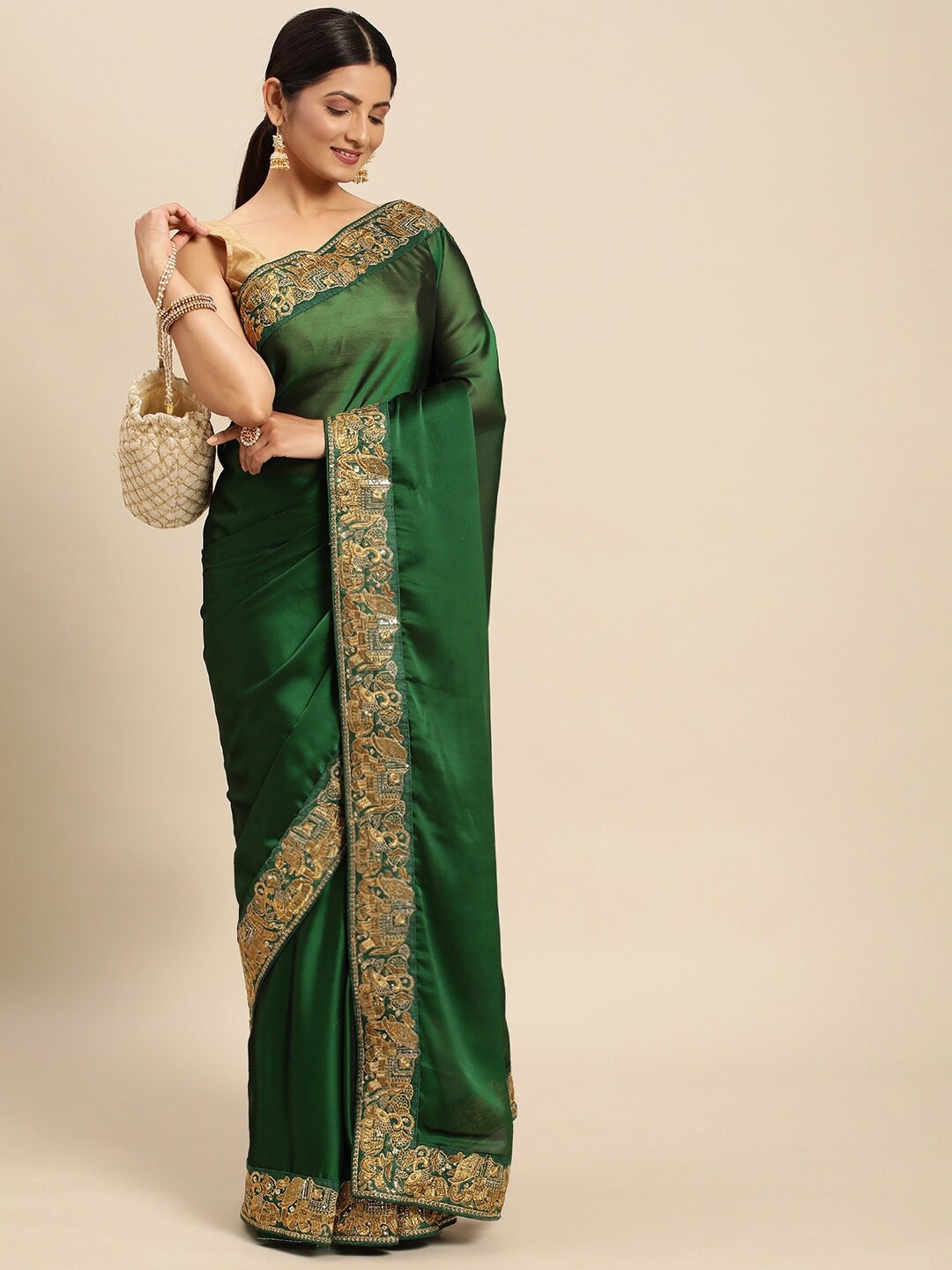 

ALAGINI Ethnic Motifs Embroidered Pure Georgette Chanderi Saree, Green