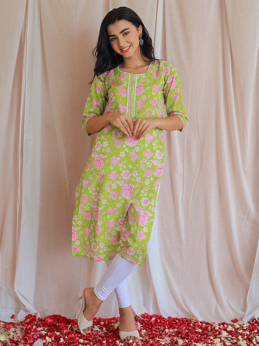 

Libas Floral Printed Straight Cotton Kurta, Green