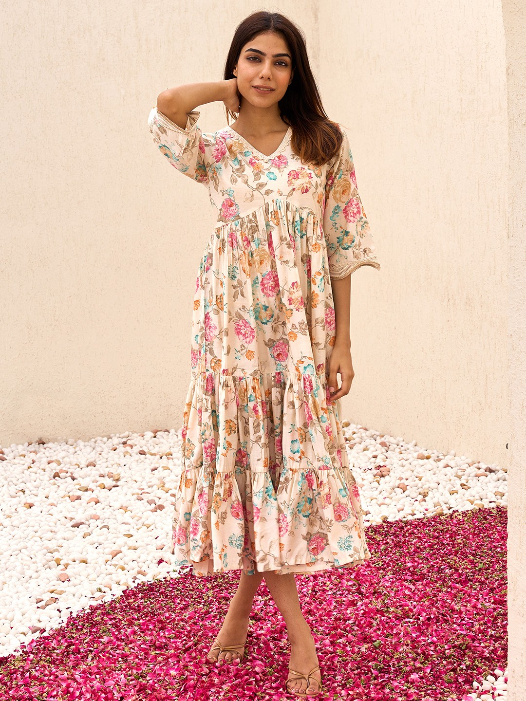 

Libas Floral Printed Ruffled A-Line Midi Dress, Beige