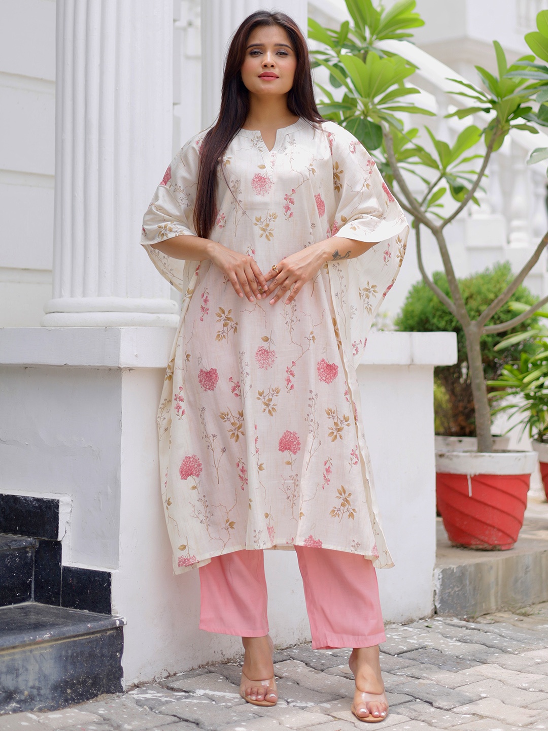 

Libas Floral Printed Kimono Sleeves Tunic & Palazzo Co-Ords, Cream