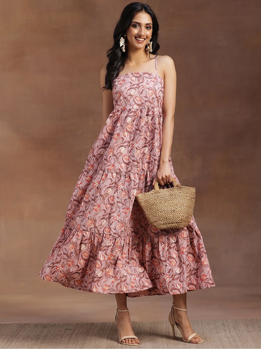 

Libas Floral Printed Fit and Flare Cotton Midi Dress, Peach