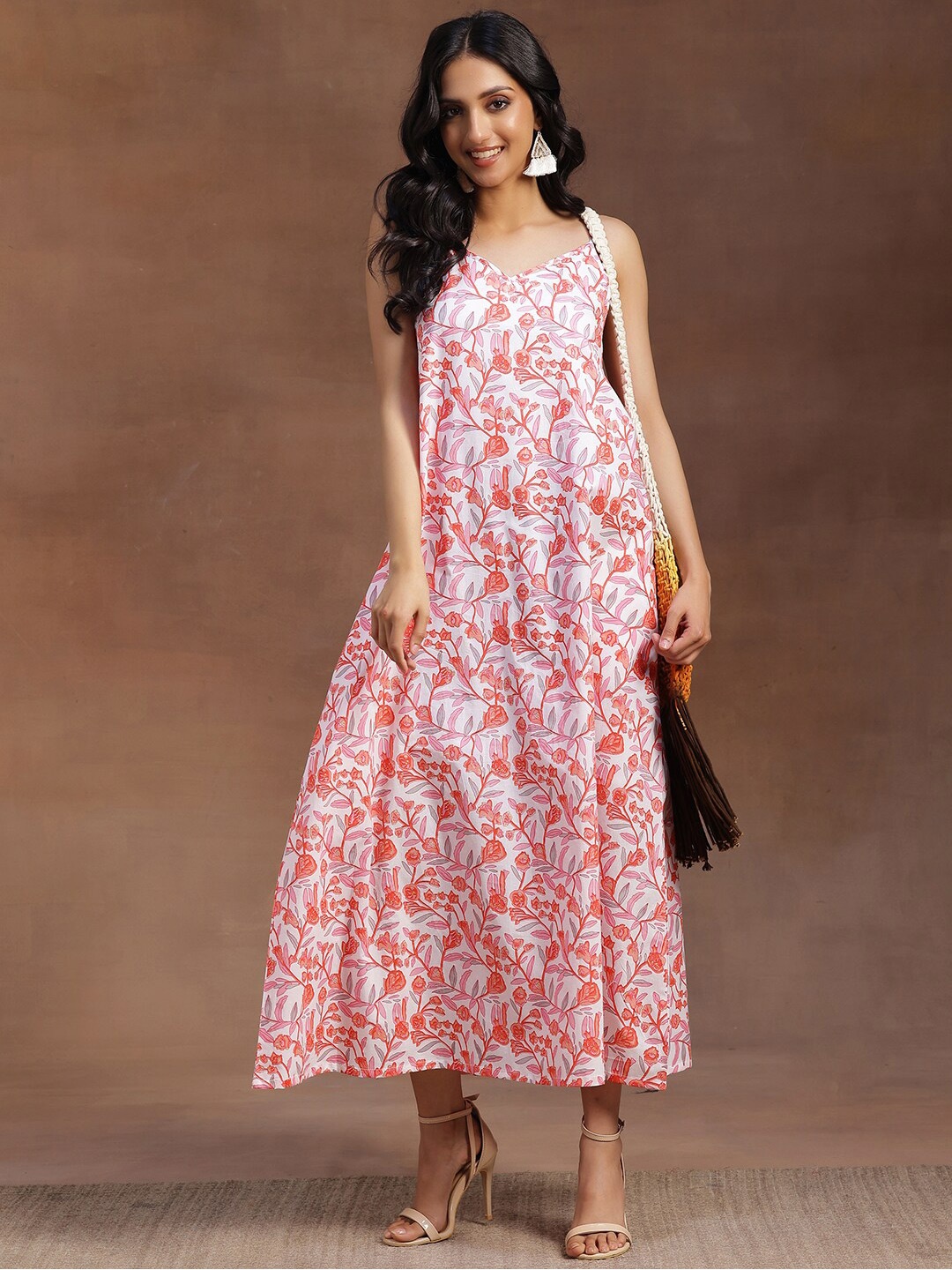 

Libas Floral Printed Cotton Maxi Dress with a pocket, White