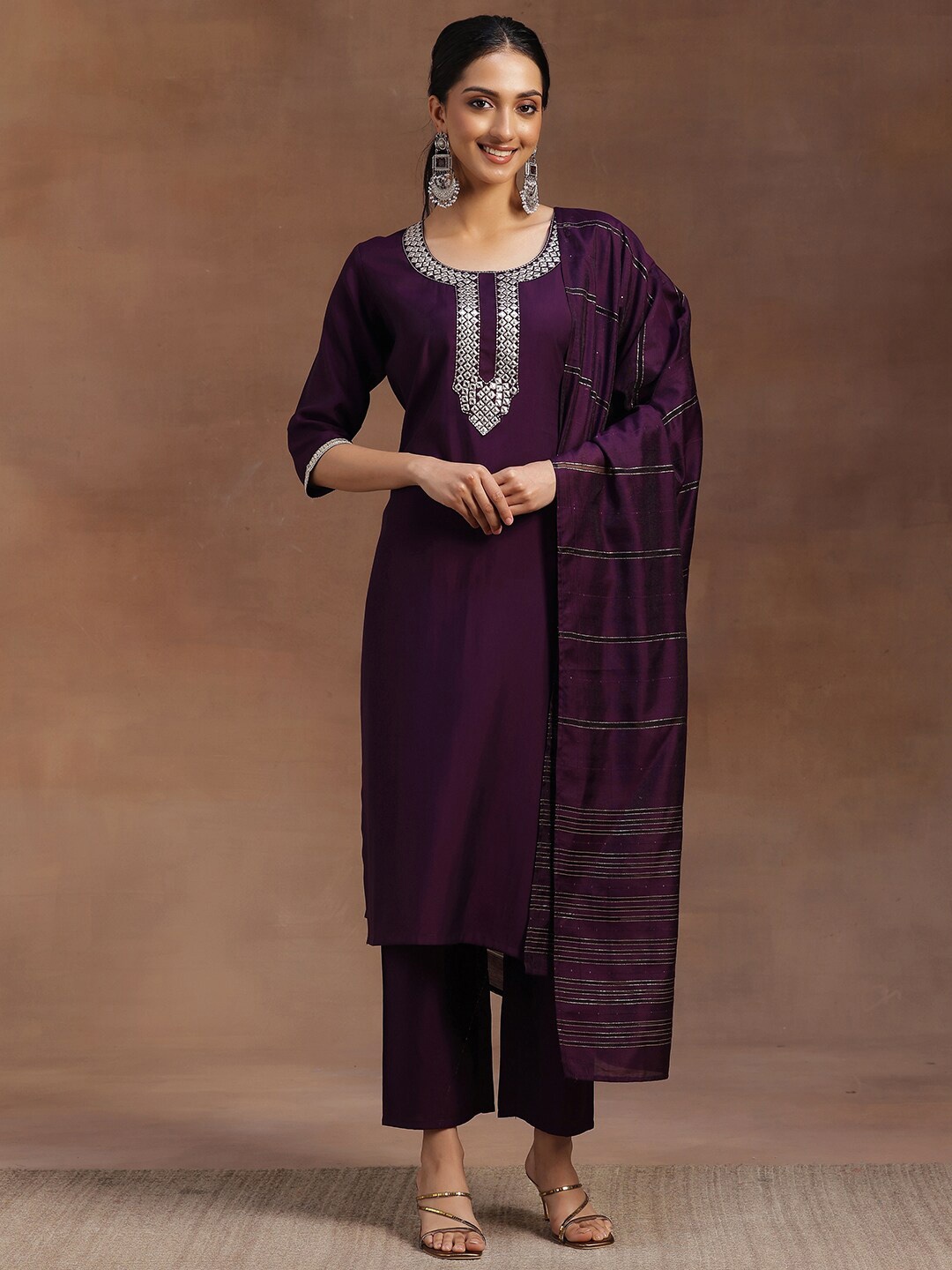 

Libas Floral Yoke Design Thread Work Kurta & Trousers With Dupatta, Purple