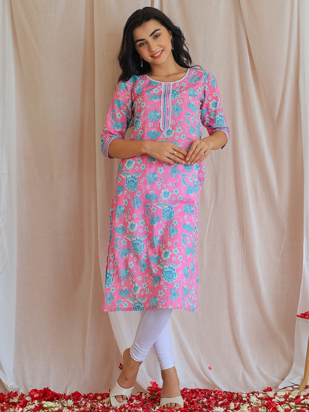 

Libas Floral Printed Straight Cotton Kurta, Pink