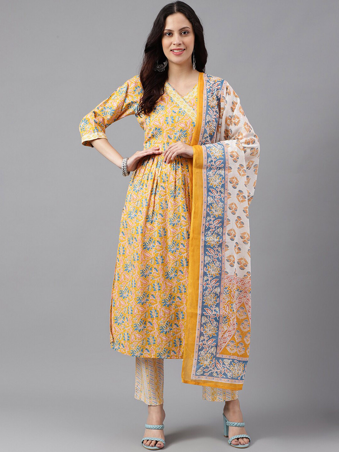 

KALINI Floral Printed Pleated Pure Cotton Angrakha Kurta with Palazzos & Dupatta, Mustard