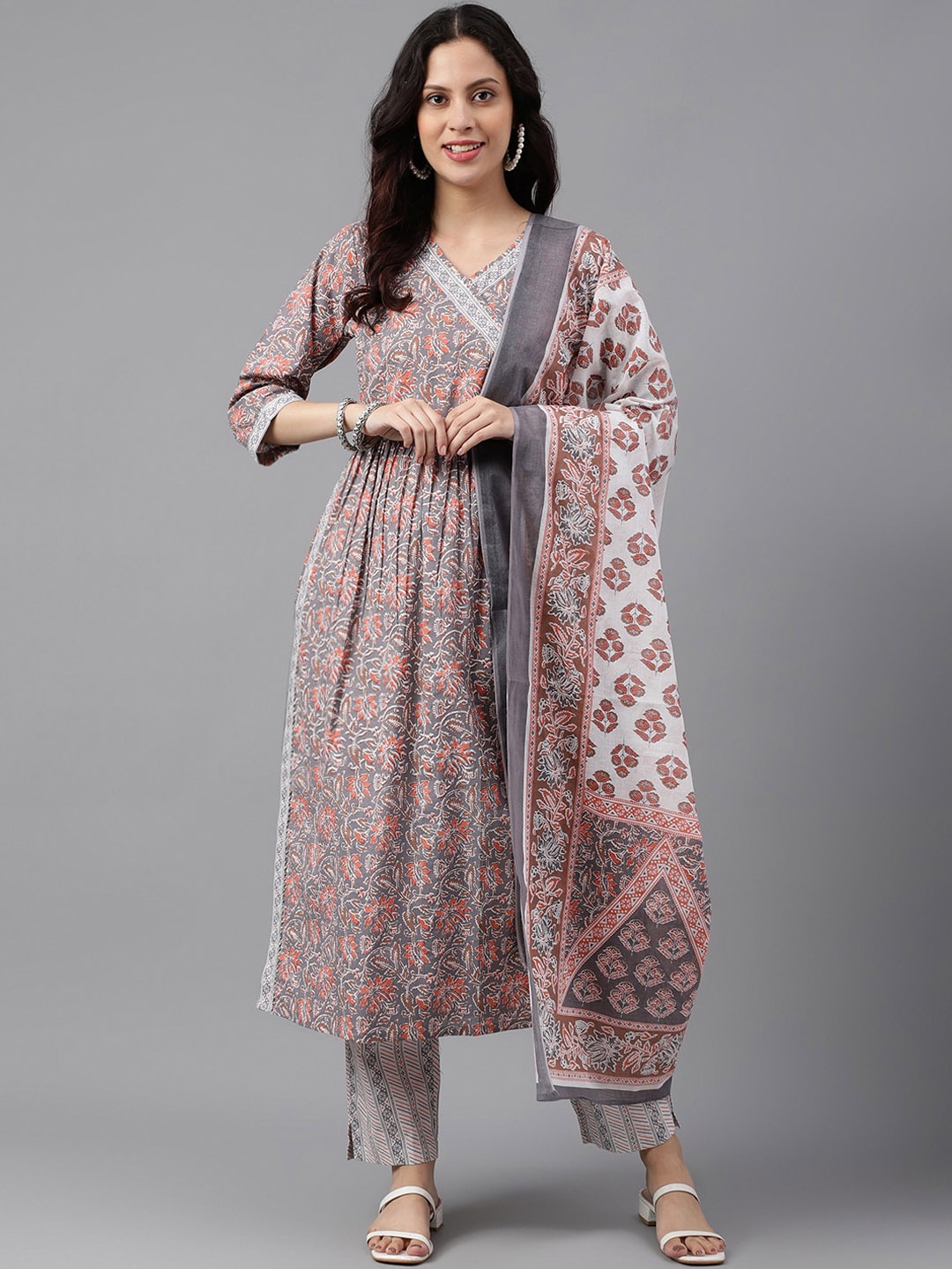 

KALINI Floral Printed V-Neck Pure Cotton Anarkali Kurta with Trousers & Dupatta, Grey