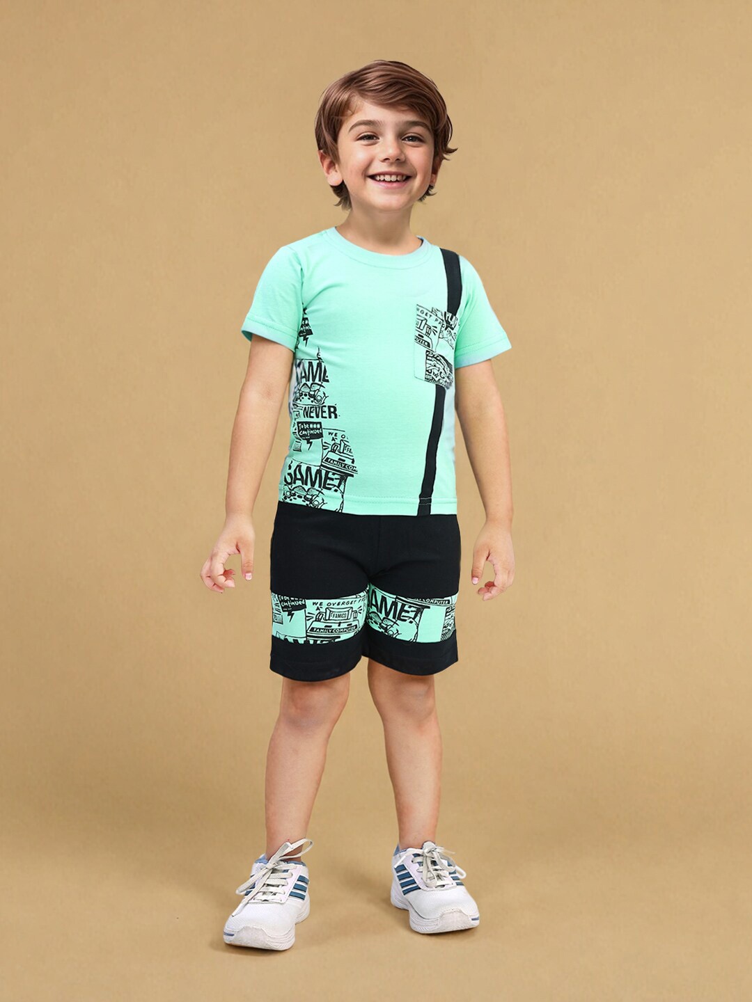 

Toonyport Boys Printed Pure Cotton T-shirt with Short, Sea green